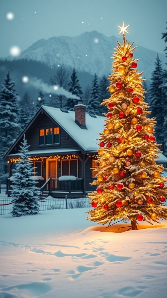 Outdoor Christmas Wallpaper Aesthetic A serene outdoor Christmas scene with a decorated tree, snow-covered landscape, and a cozy cabin.